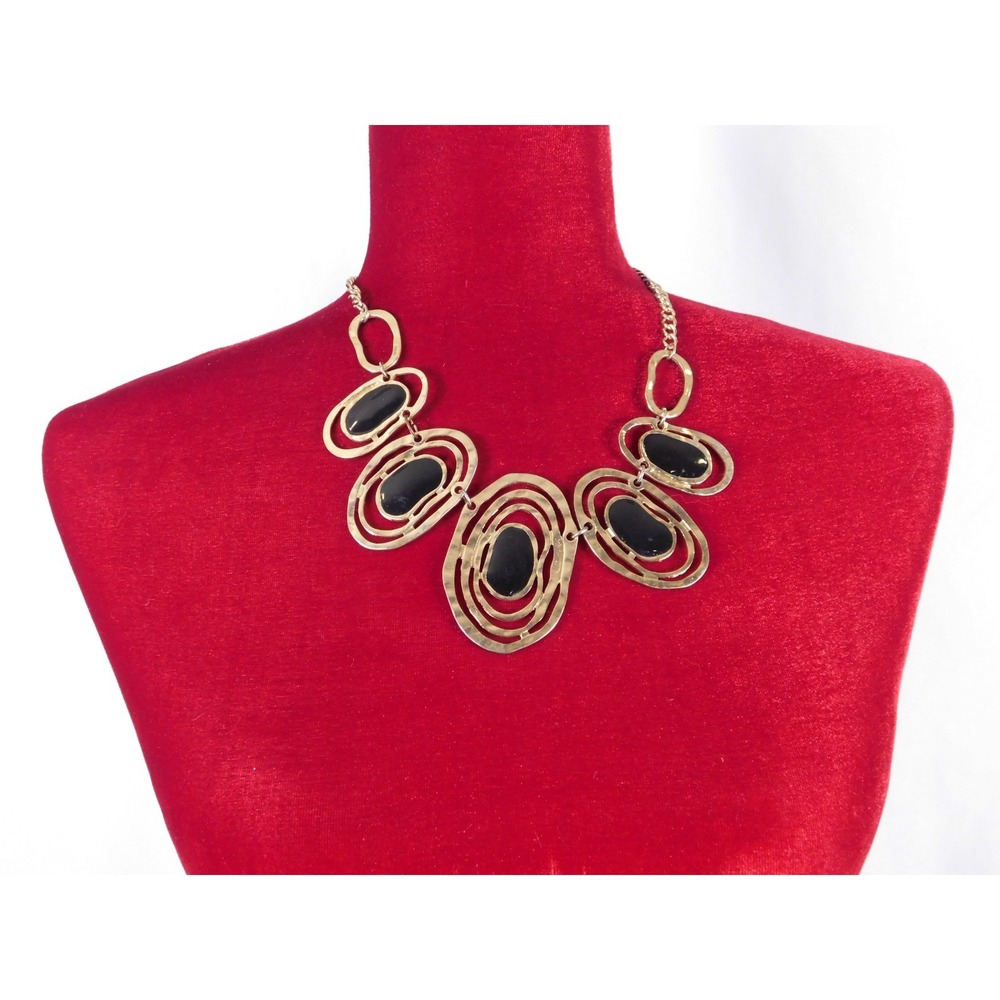 Gold Concenrtirc‎ Circles with Black Stone Center Statement Necklace